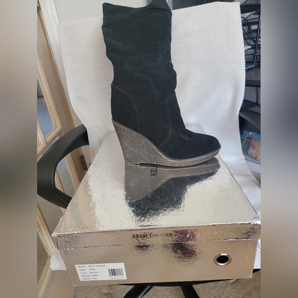 Black suede over the knee wedge boots